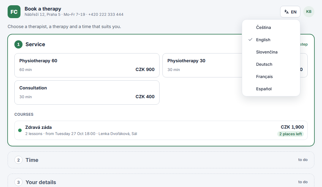 Rezervační stránka v angličtině s otevřenou nabídkou jazyků