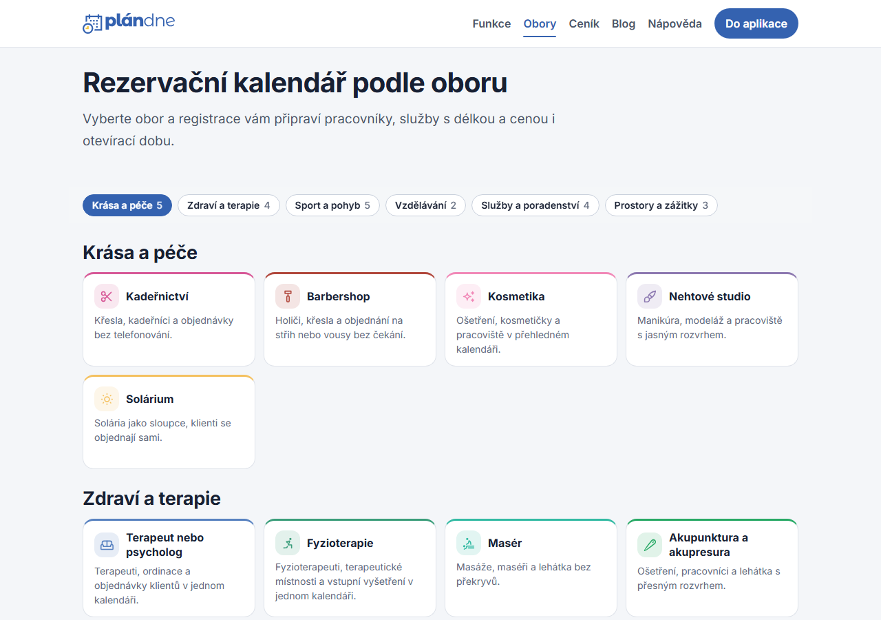Výběr oboru při registraci