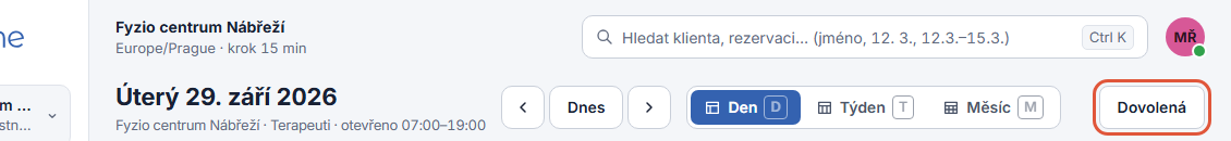 Tlačítko Dovolená v záhlaví kalendáře