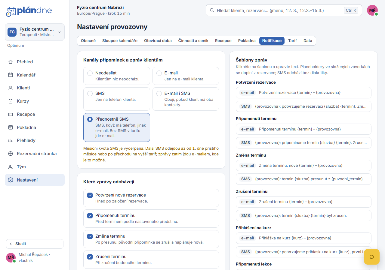 Nastavení notifikací s kanálem, zprávami a předstihem připomínky