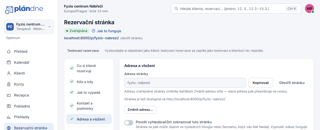 Část Adresa a vložení s adresou stránky