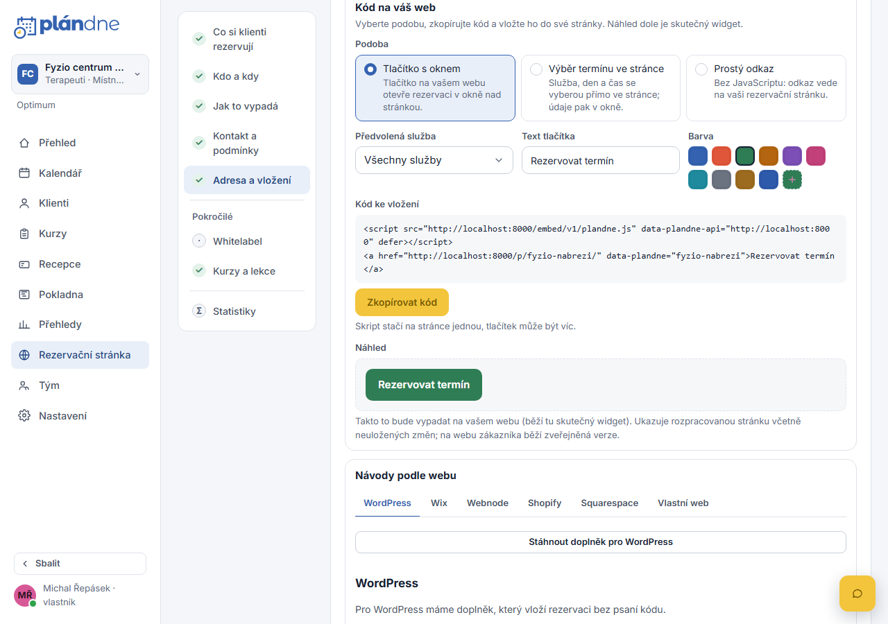 Část Kód na váš web s podobou, textem tlačítka a náhledem