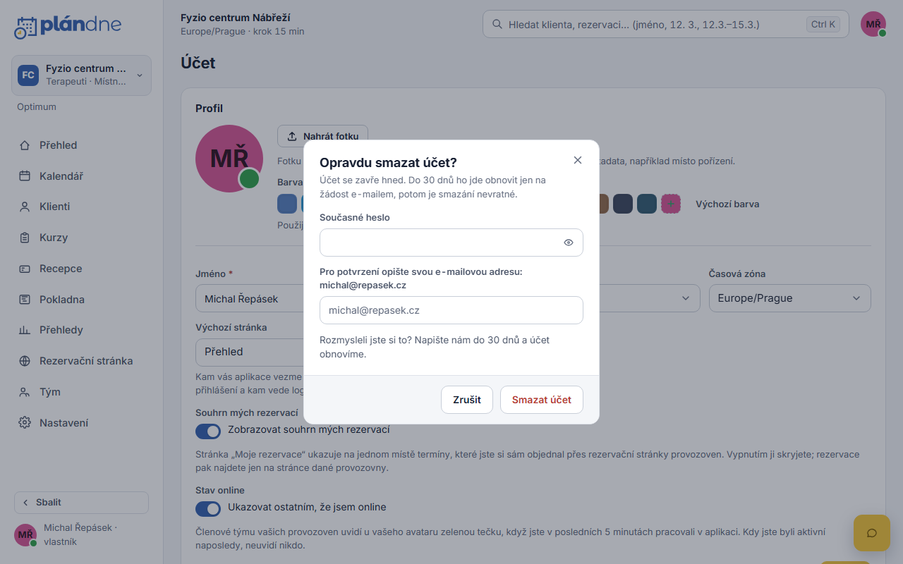 Dialog smazání účtu s heslem a opsáním e-mailu