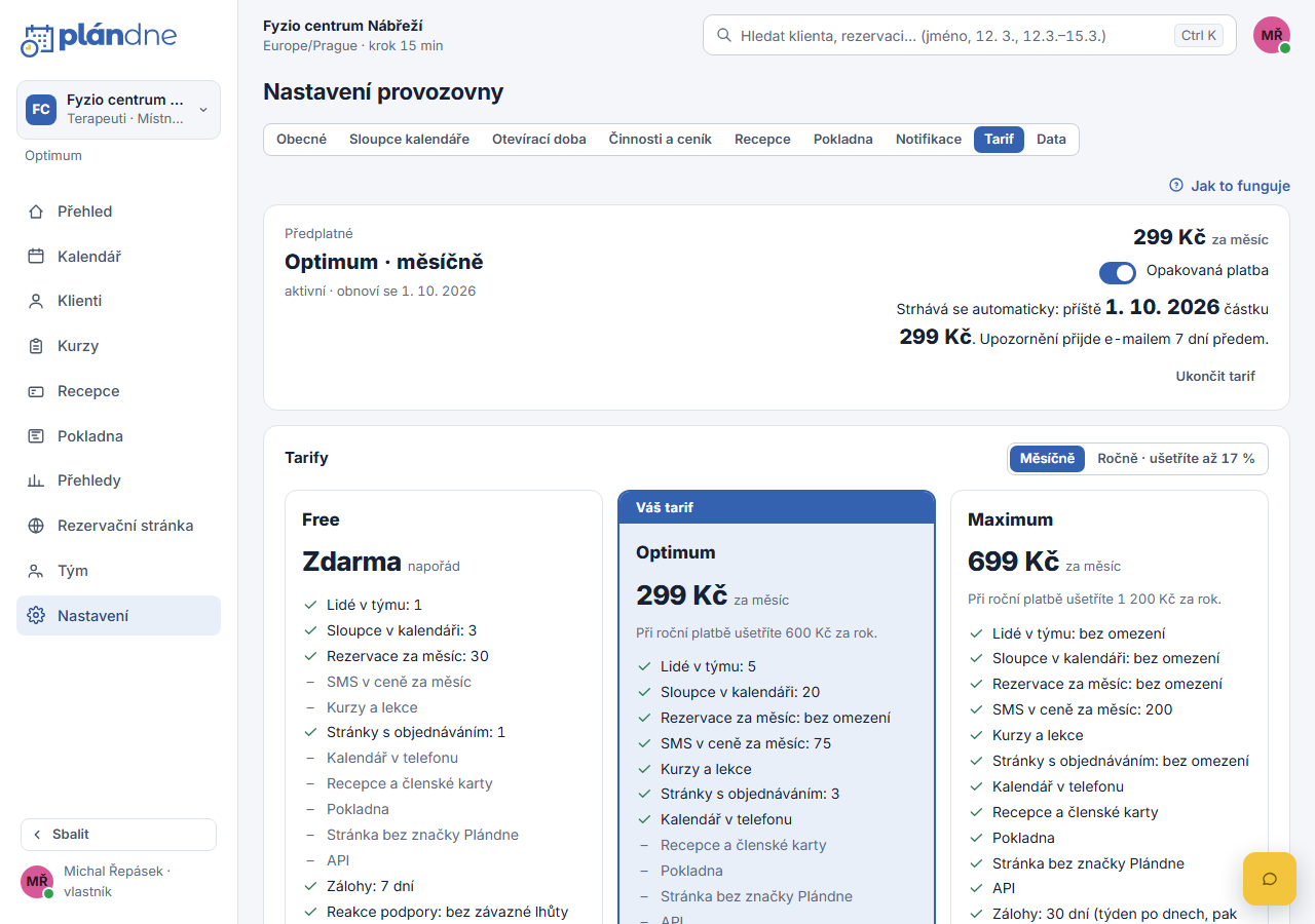 Nastavení tarifu s předplatným a srovnáním tarifů, váš tarif zvýrazněný