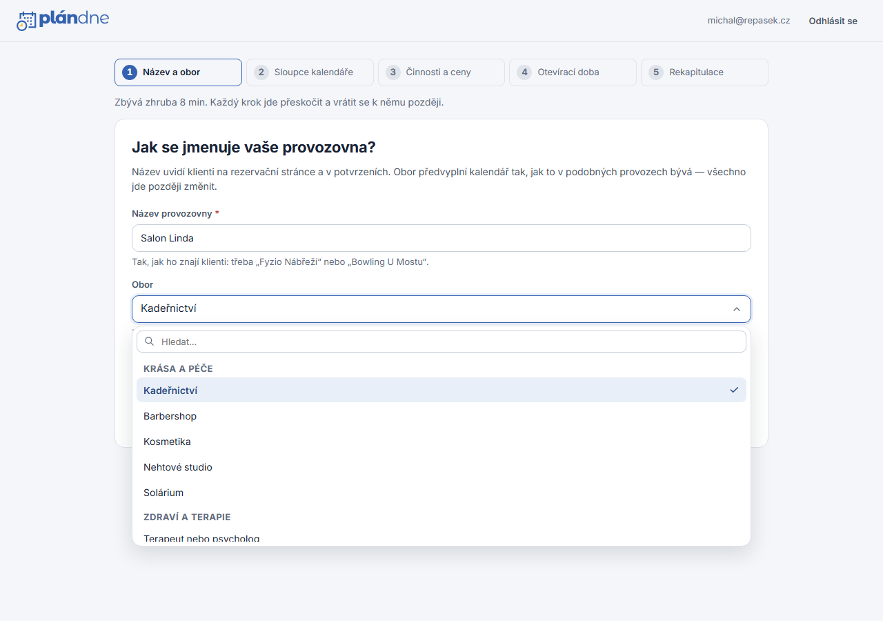 Výběr oboru v průvodci po registraci