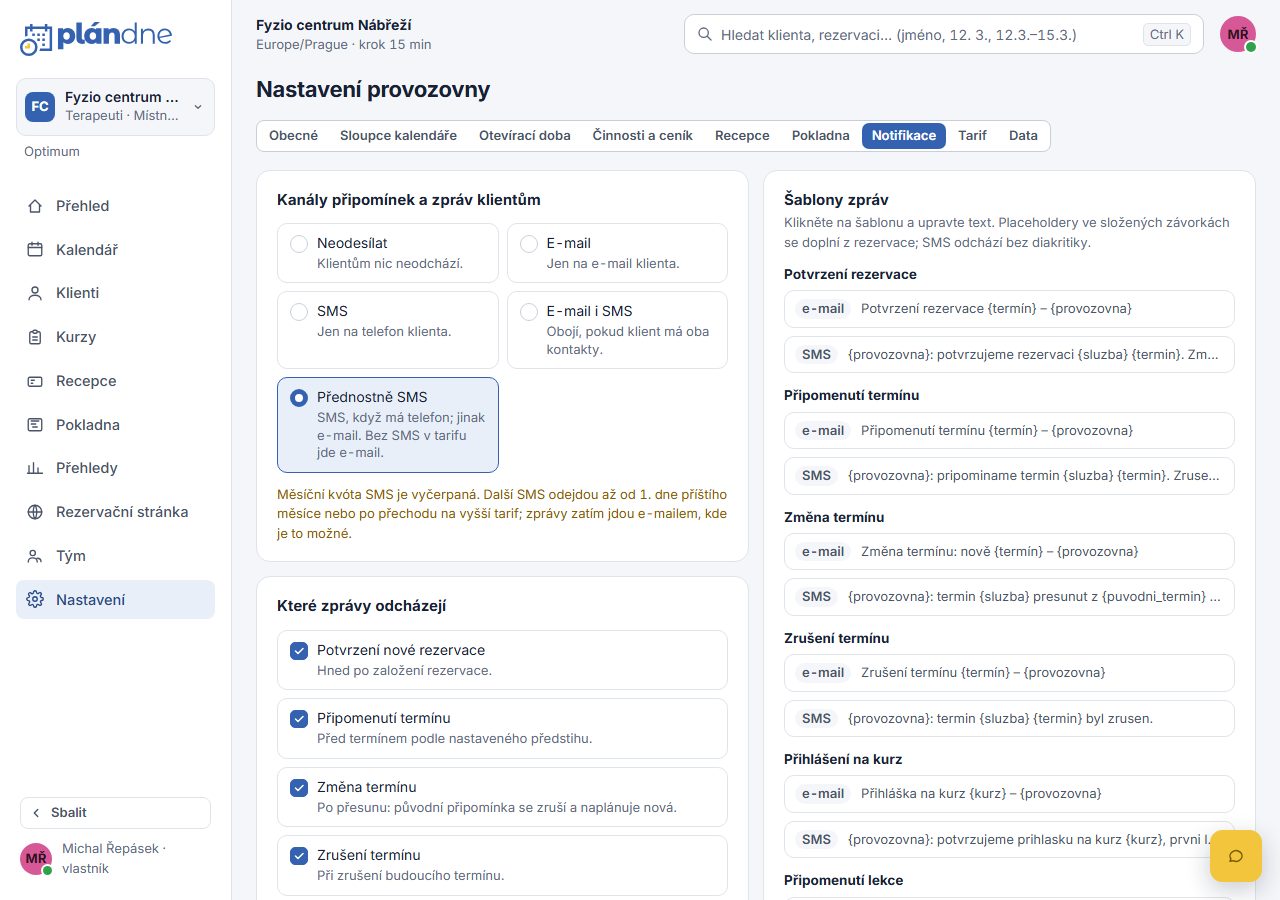 Nastavení zpráv klientům s kanálem a předstihem připomínky