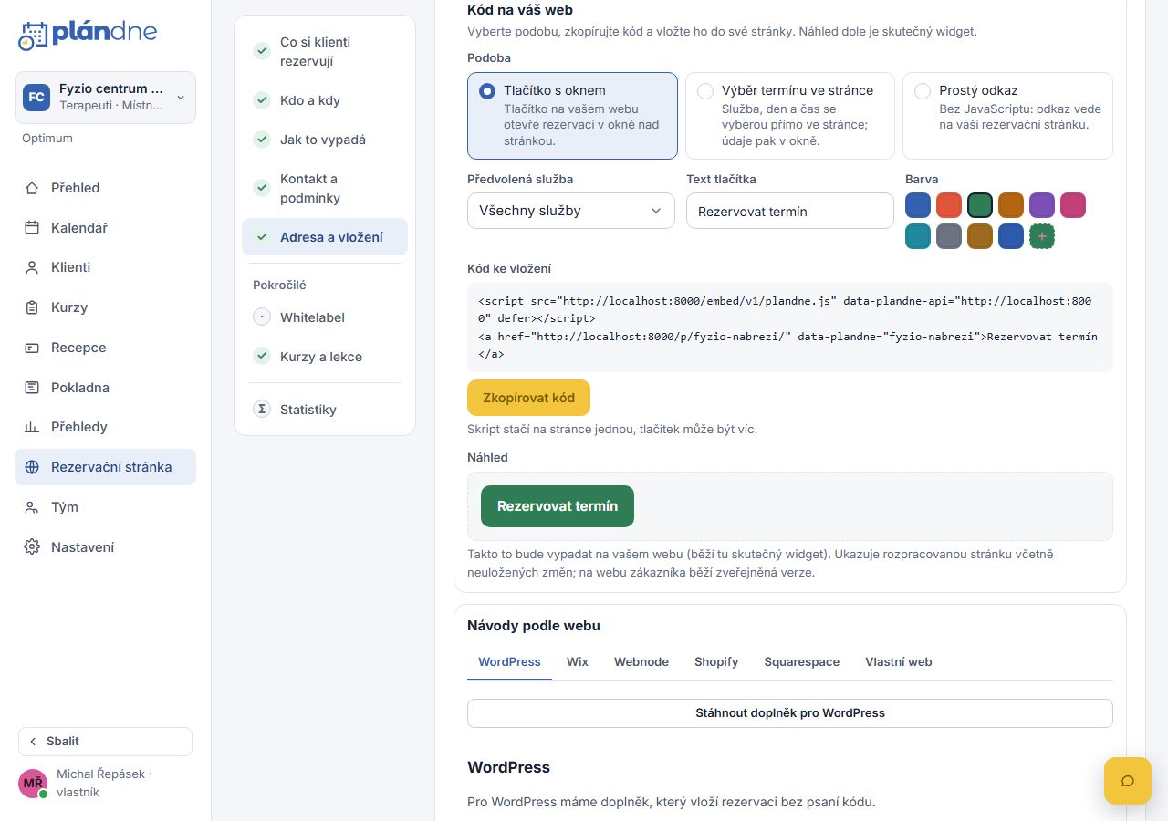 Generátor kódu pro vložení objednávání na web s náhledem tlačítka