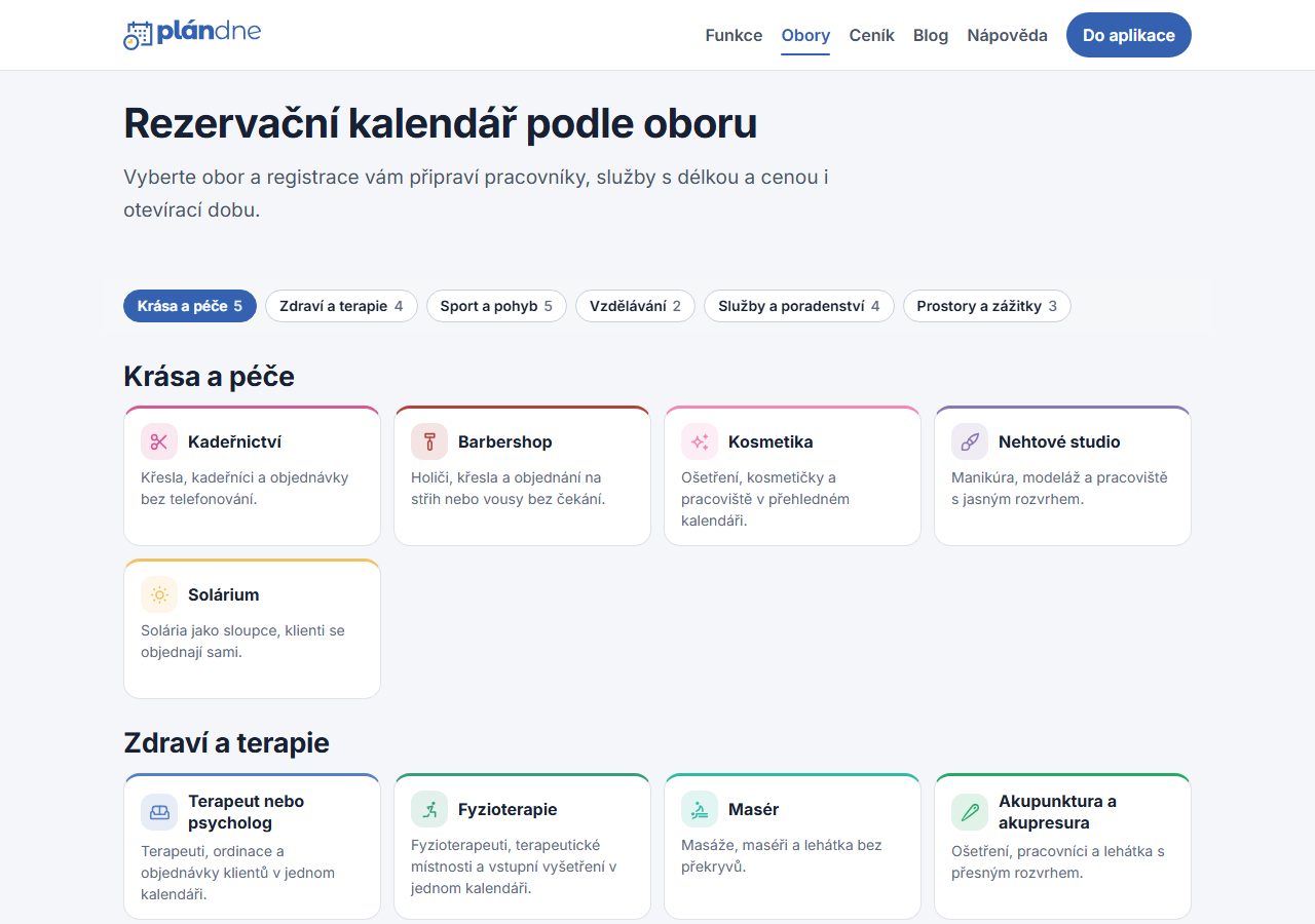 Výběr oboru při registraci